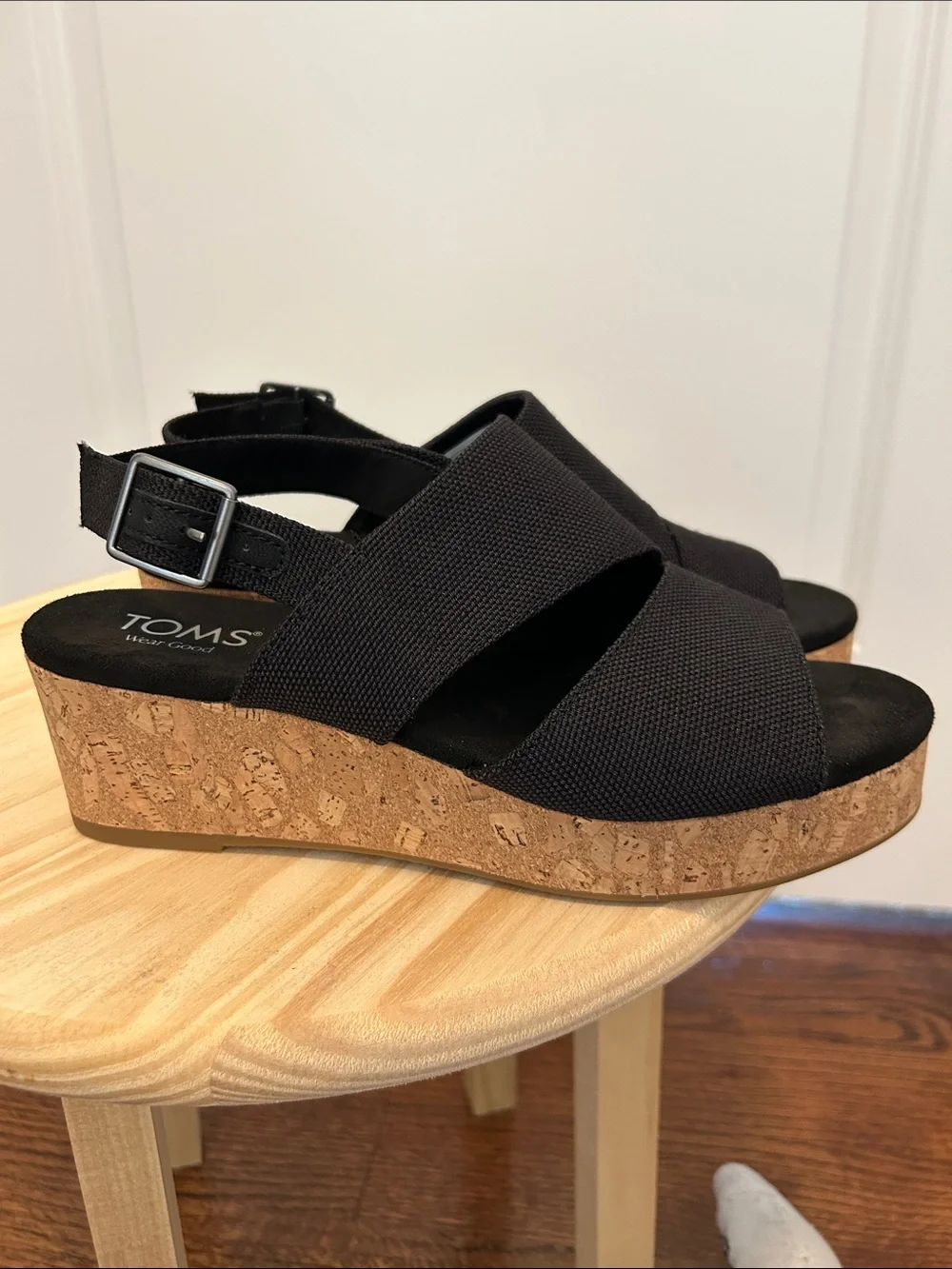 Toms Black Fabric Cork Platform Sandals